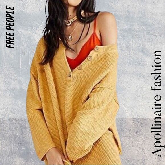 FREE PEOPLE HAILEE SWEATER TOP IN YELLOW GOLD NEW LARGE - Picture 1 of 6